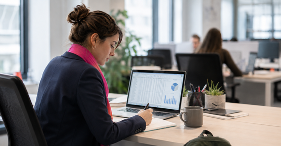 Werkstudentin am Schreibtisch vor zwei Monitoren